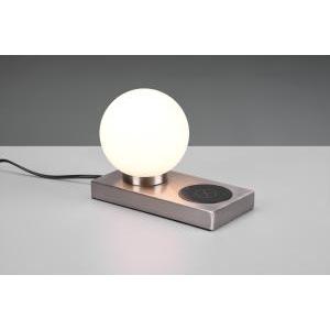 Chloe lampada da tavolo acciaio con sfera vetro bianco con base x ricarica induttiva cellulare con interruttore touch h. 15cm
