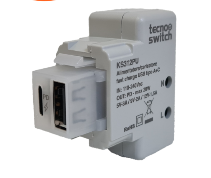 Alimentatore caricatore USB Tecno Switch tipo A+C PD 20W 5V - KS312PU 01
