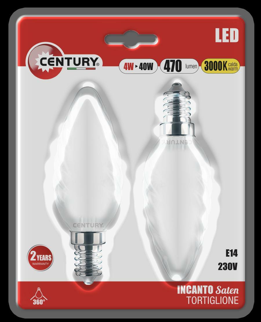 CENTURY CENTURY 2 LAMPADINE LED INCANTO OLIVA SATINATE TORTIGLIONE 4W  ATTACCO PICCOLO E14 LUCE CALDA 3000K