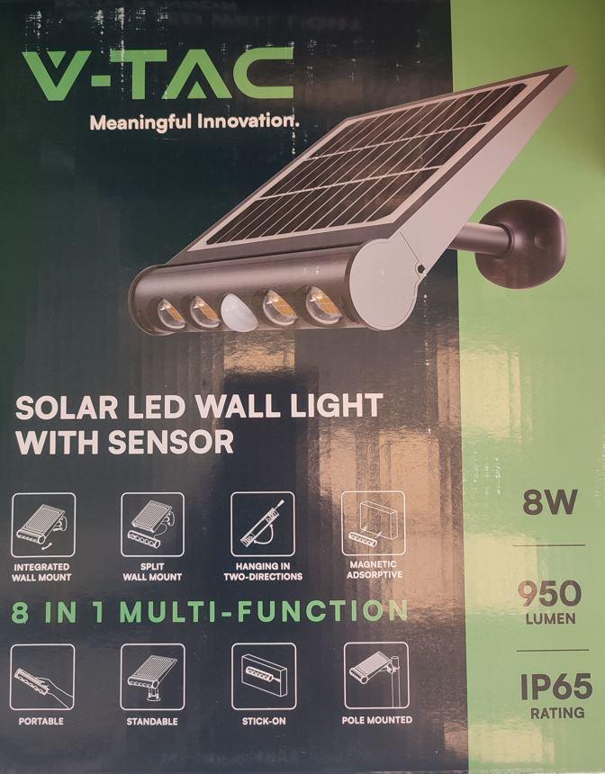 Applique a led solare V-tac con sensore 8W 6000K IP65 VT-11108 - 6850 02