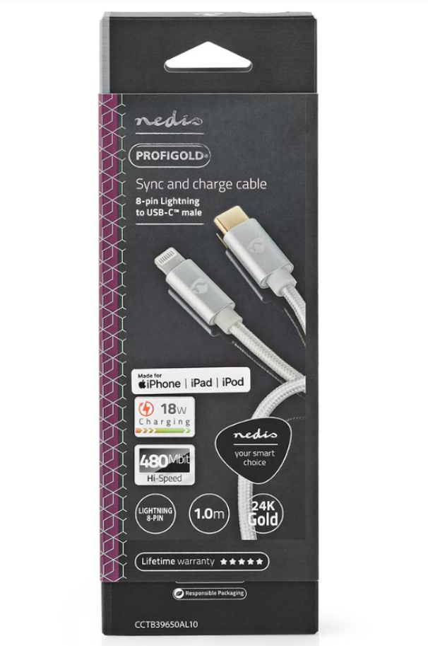 Cavo USB-C maschio / Apple Lighting Nedis 18W 2A argento da 1m - CCTB39650AL10 05