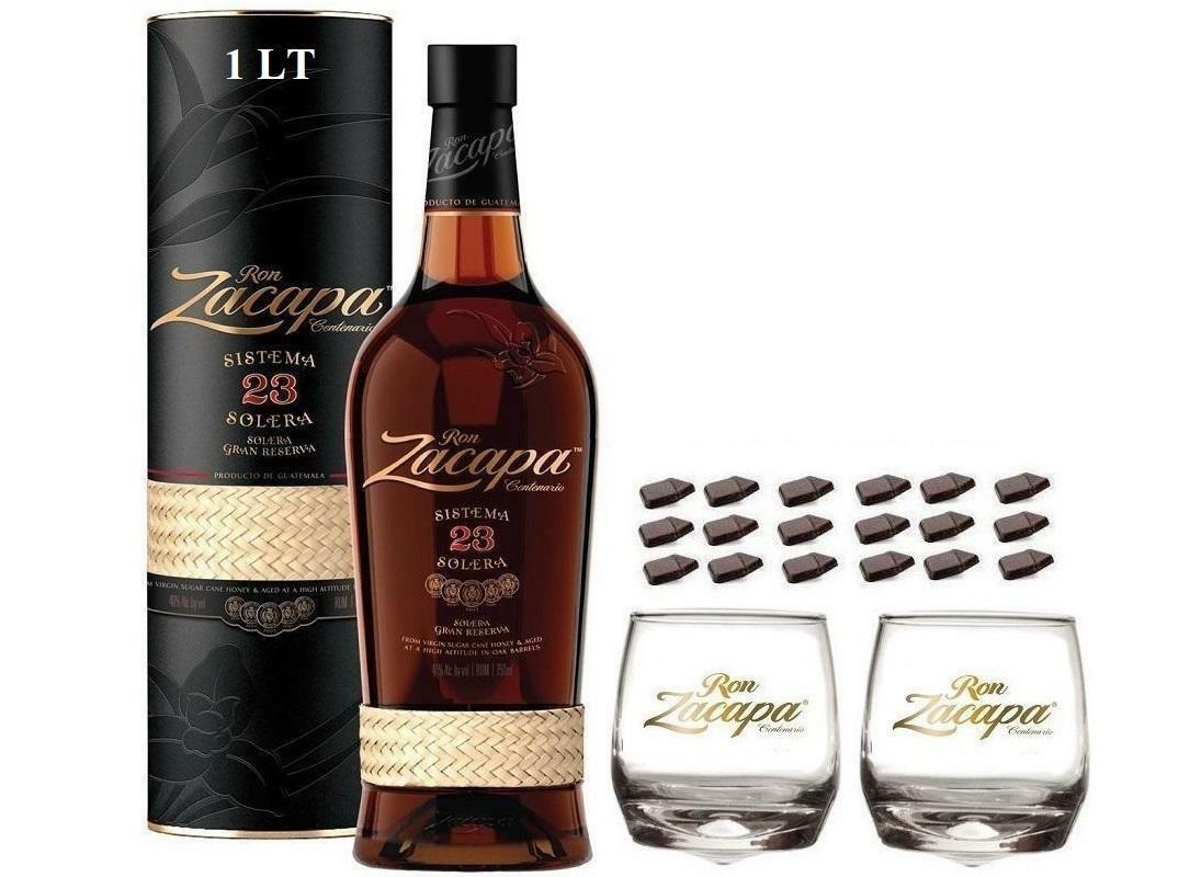 zacapa rum zacapa centenario 23  1 lt  in astuccio con bicchieri zacapa logo bianco e cioccolato fondente
