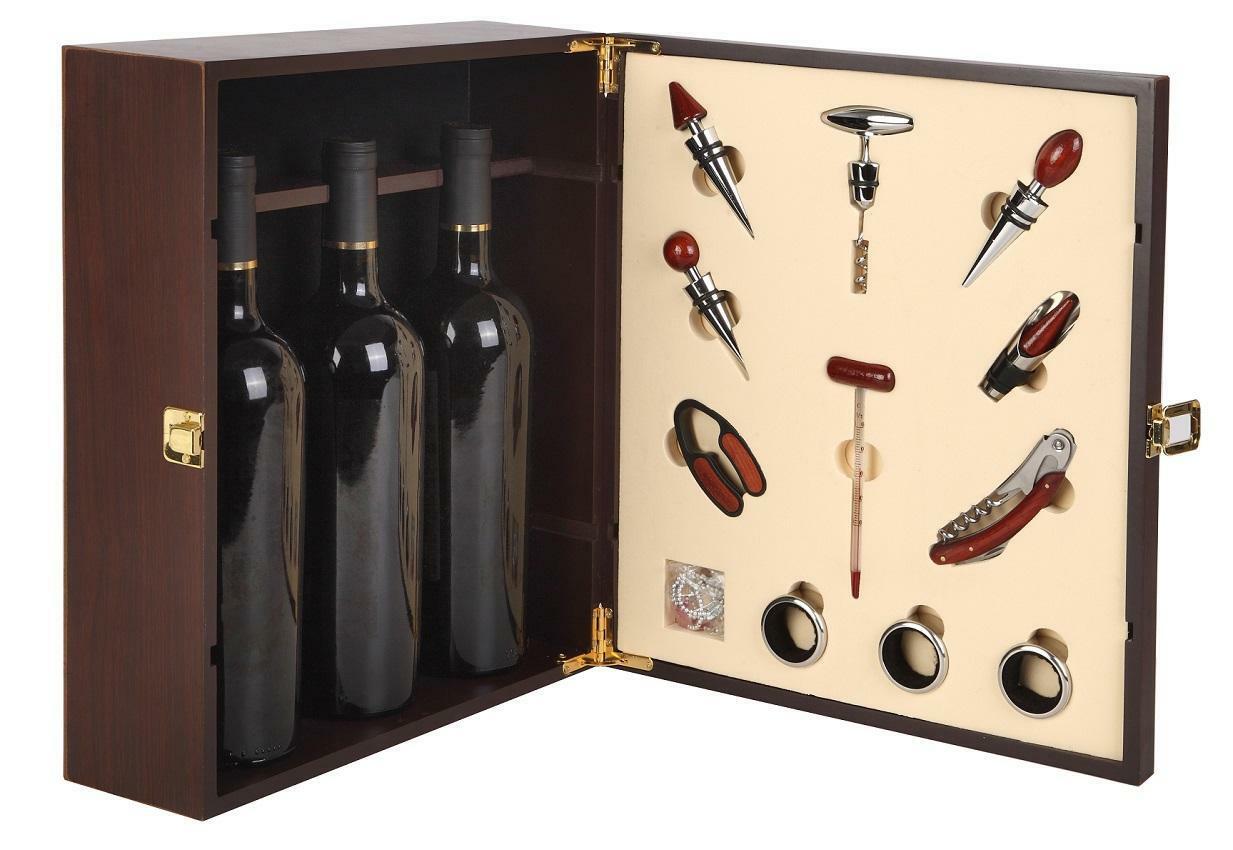 cooko cooko confezione regalo in legno per tre bottiglie di vino set per sommelier 12 accessori