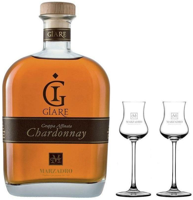 distilleria marzadro distilleria marzadro grappa giare chardonnay 70 cl  con due bicchieri