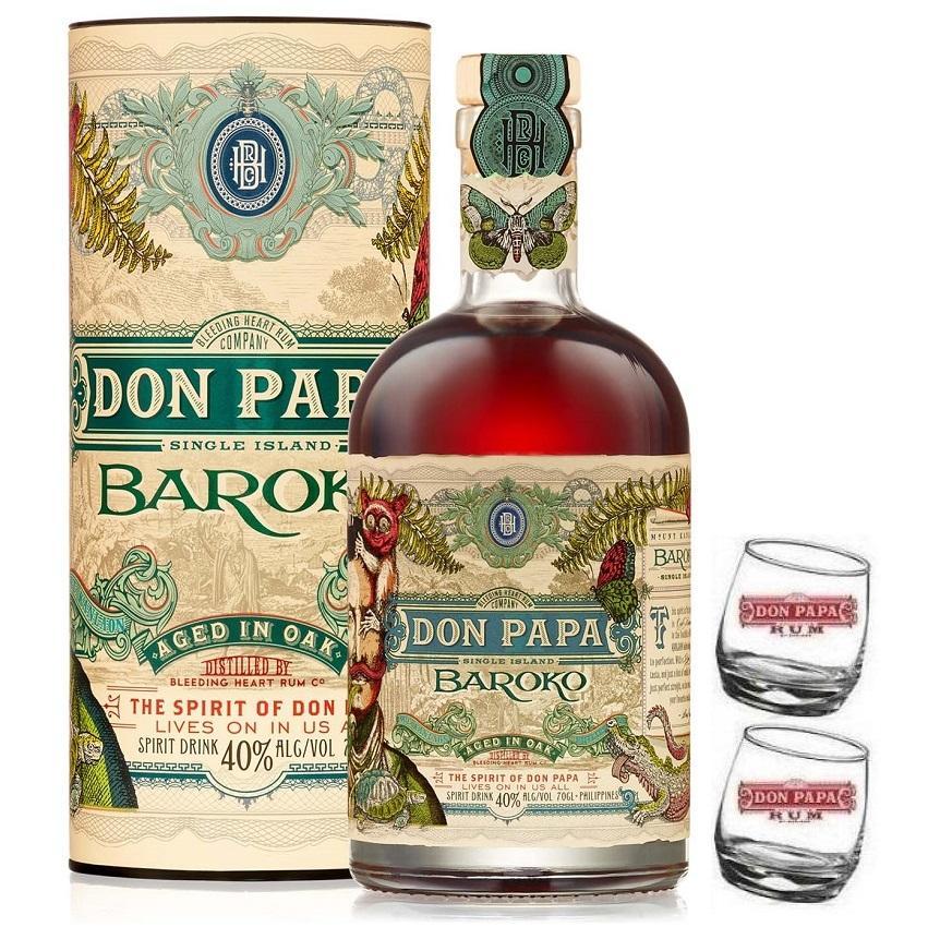 don papa rum don papa baroko 70 cl con 2 bicchieri serigrafati logo bianco
