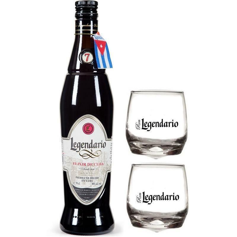 legendario rum legendario elixir de cuba 7 anni con 2 bicchieri basculanti serigrafati