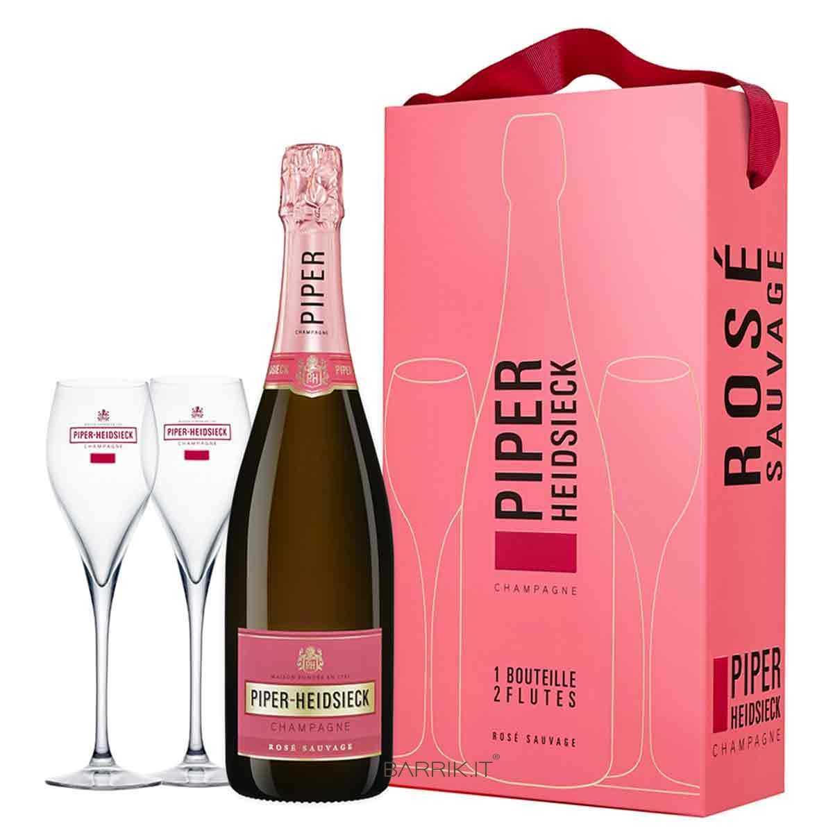 piper-heidsieck piper-heidsieck champagne brut rosee sauvage 75 cl confezione con 2 bicchieri