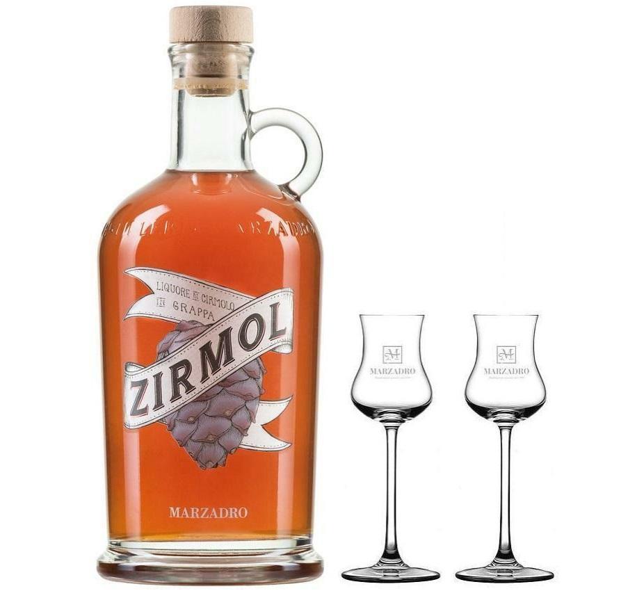 distilleria marzadro distilleria marzadro zirmol liquore di cirmolo in grappa 70 cl con due bicchieri