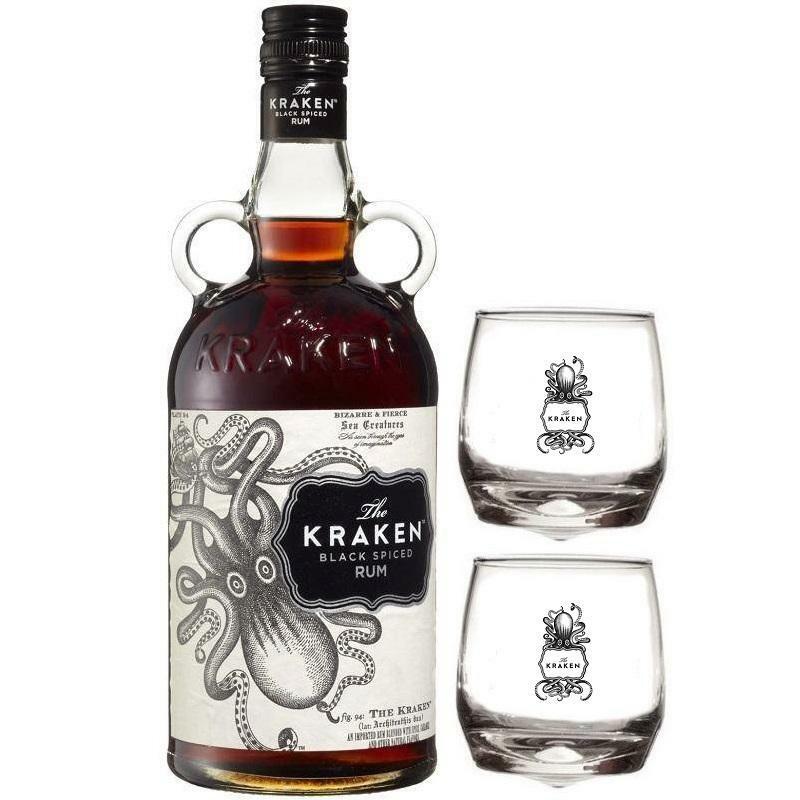 the kraken the kraken rum black spiced 70cl   2 bicchieri kraken logo bianco