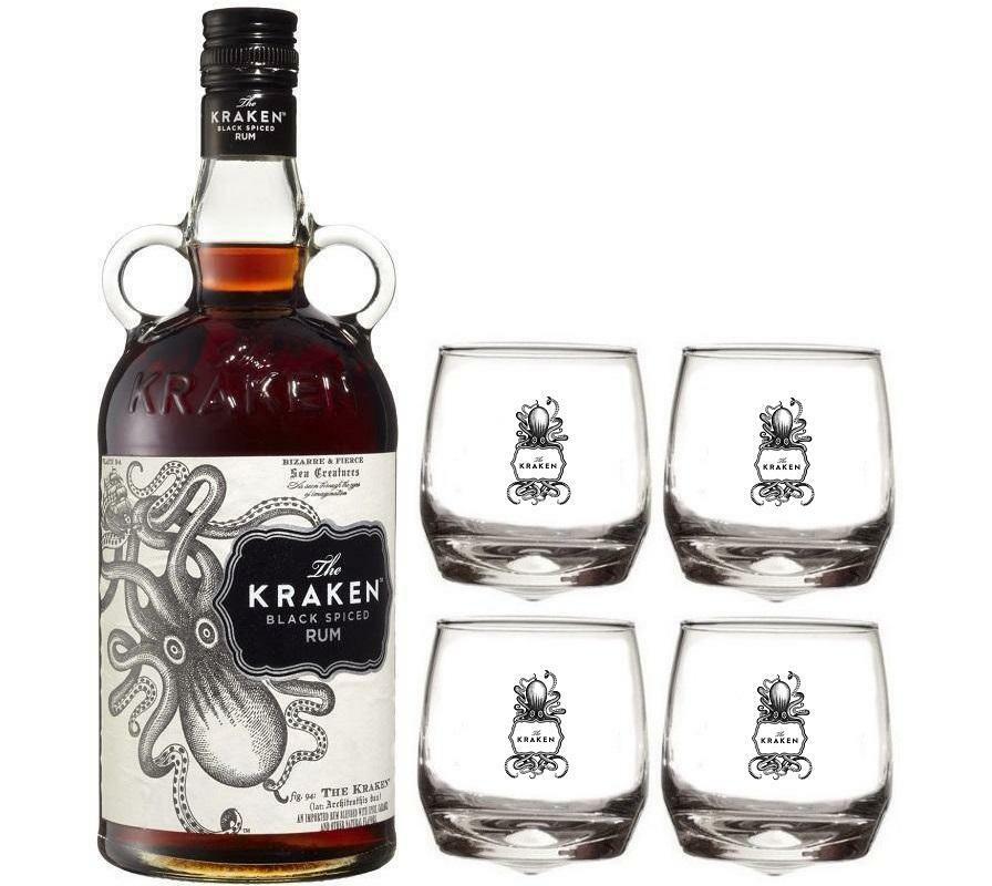 the kraken the kraken rum black spiced 70cl   4 bicchieri kraken logo bianco