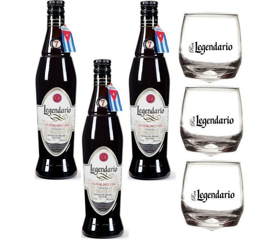 legendario rum legendario elixir de cuba 7 anni 3 bottiglie 70cl e 3 bicchieri legendario basculanti logo bianco