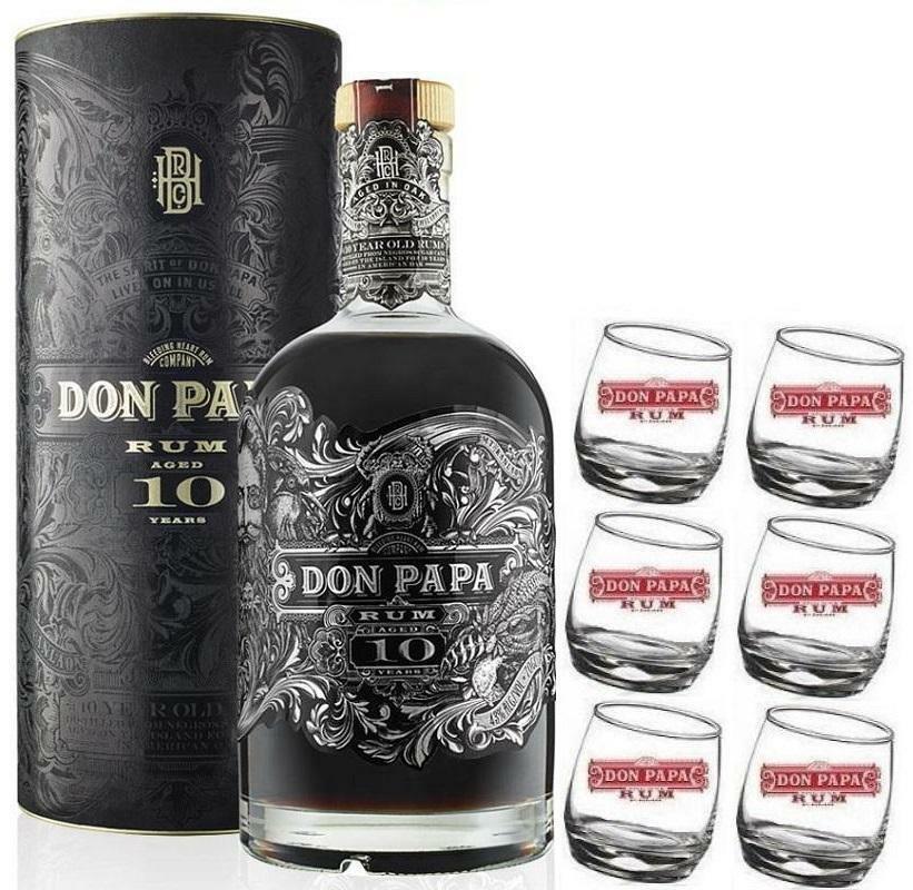 don papa rum don papa edizione speciale 10 anni in astuccio con 6 bicchieri serigrafati logo bianco