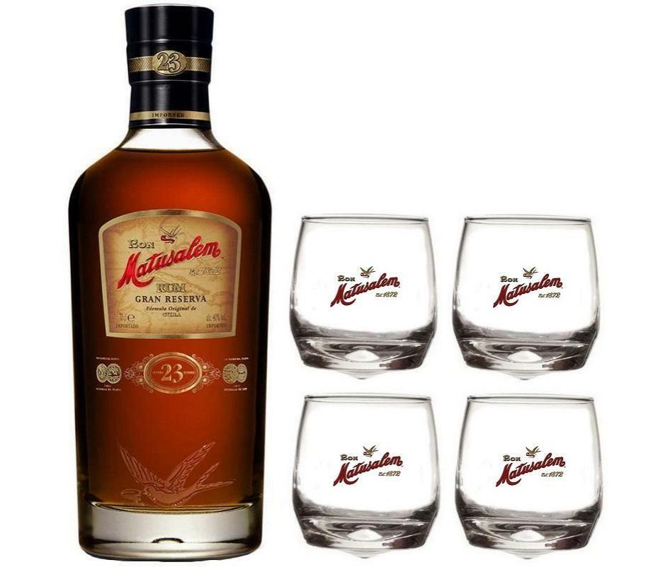 matusalem rum 23 gran reserva 70 cl  in astuccio con 4 bicchieri matusalem logo bianco