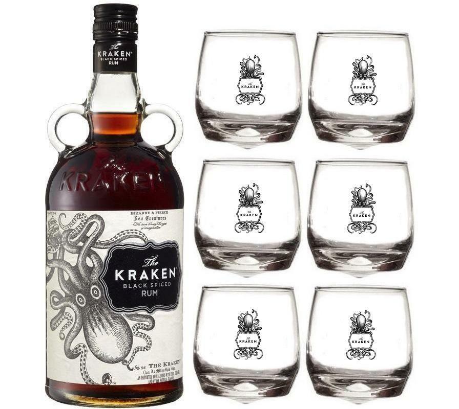 the kraken the kraken rum black spiced 70cl con 6 bicchieri kraken logo bianco