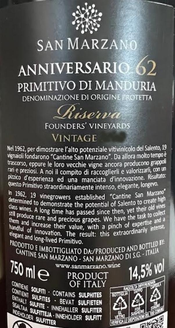 cantine san marzano cantine san marzano primitivo di manduria riserva 62 vintage 2018 anniversario 75 cl