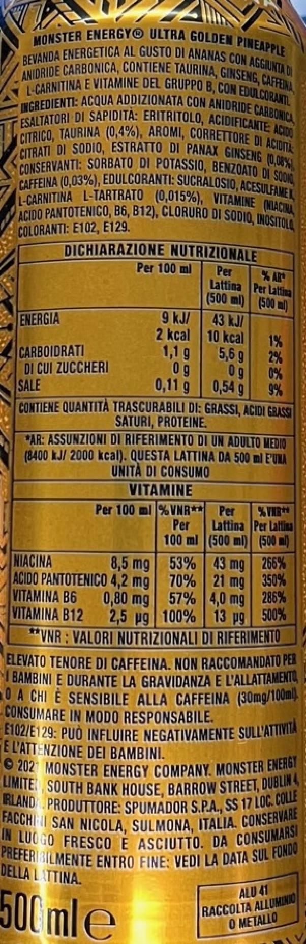 monster monster energy drink ultra golden pineapple zero zuccheri 12 x 500 ml
