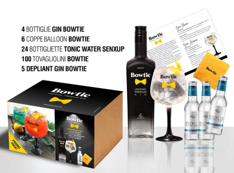 bowtie bowtie special pack  4 bottiglie bowtie gin 70 cl 6 coppe e 24 tonic water senxup