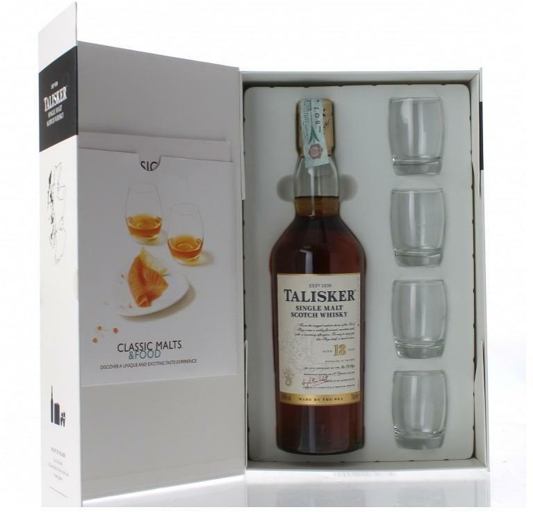 talisker talisker single malt scotch whisky 18 years classic malts & food special pack 4 bicchieri 70 cl in astuccio