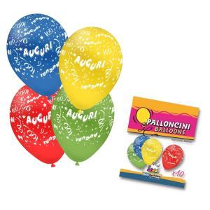Blister con 10 palloncini in colori assortiti e stampa auguri bianca globo. formato del palloncino g110 11"-30cm, 10pz.