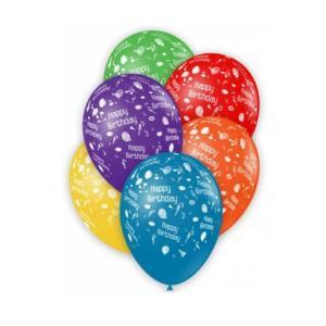 Palloncini in colori assortiti pastello con stampa globo bianca happy birthday gsd110 12"-30cm, 100pz.