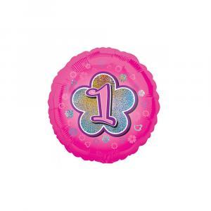 Palloncino  tondo rosa 1 compleanno con fiore standardshape 18"-46cm. 1pz