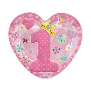 Piatto cuore 1° compleanno rosa 20cm 10pz