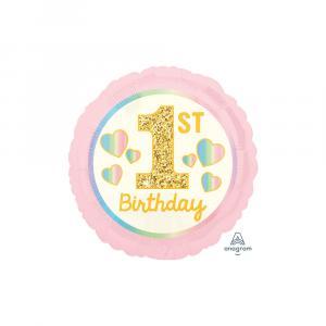 Palloncino  1 compleanno girl rosa e oro tondo standardshape 18"-46cm. 1pz