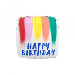 Palloncino  happy birthday strisce di vernice quadrato standardshape 18"-46cm. 1pz