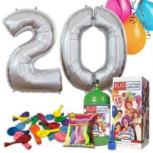Kit di elio più numero 20 in mylar color argento da 101cm e 18 palloncini omaggio, compleanno 20 anni.