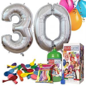 Kit di elio più numero 30 in mylar color argento da 101cm e 18 palloncini omaggio, compleanno 30 anni.