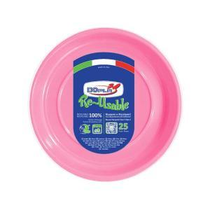 Piatti di plastica piani  rosa ø22cm, lavabili e riutilizzabili. 25pz