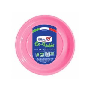 Piatti di plastica fondi  rosa ø20,5cm, lavabili e riutilizzabili. 25pz