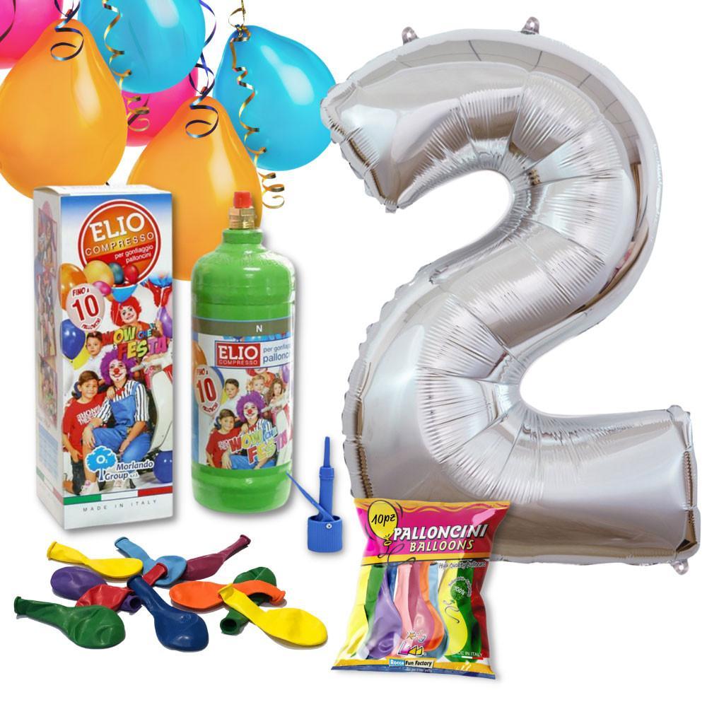 Rocca Fun Factory Kit Elio più Numero 2 Mylar Argento da 101cm e 10  palloncini omaggio, compleanno 2 anni.