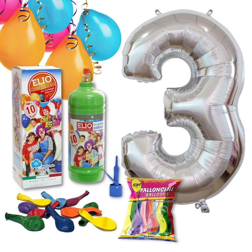 Rocca Fun Factory Kit Elio più Numero 3 Mylar Argento da 101cm e 10  palloncini omaggio, compleanno 3 anni.