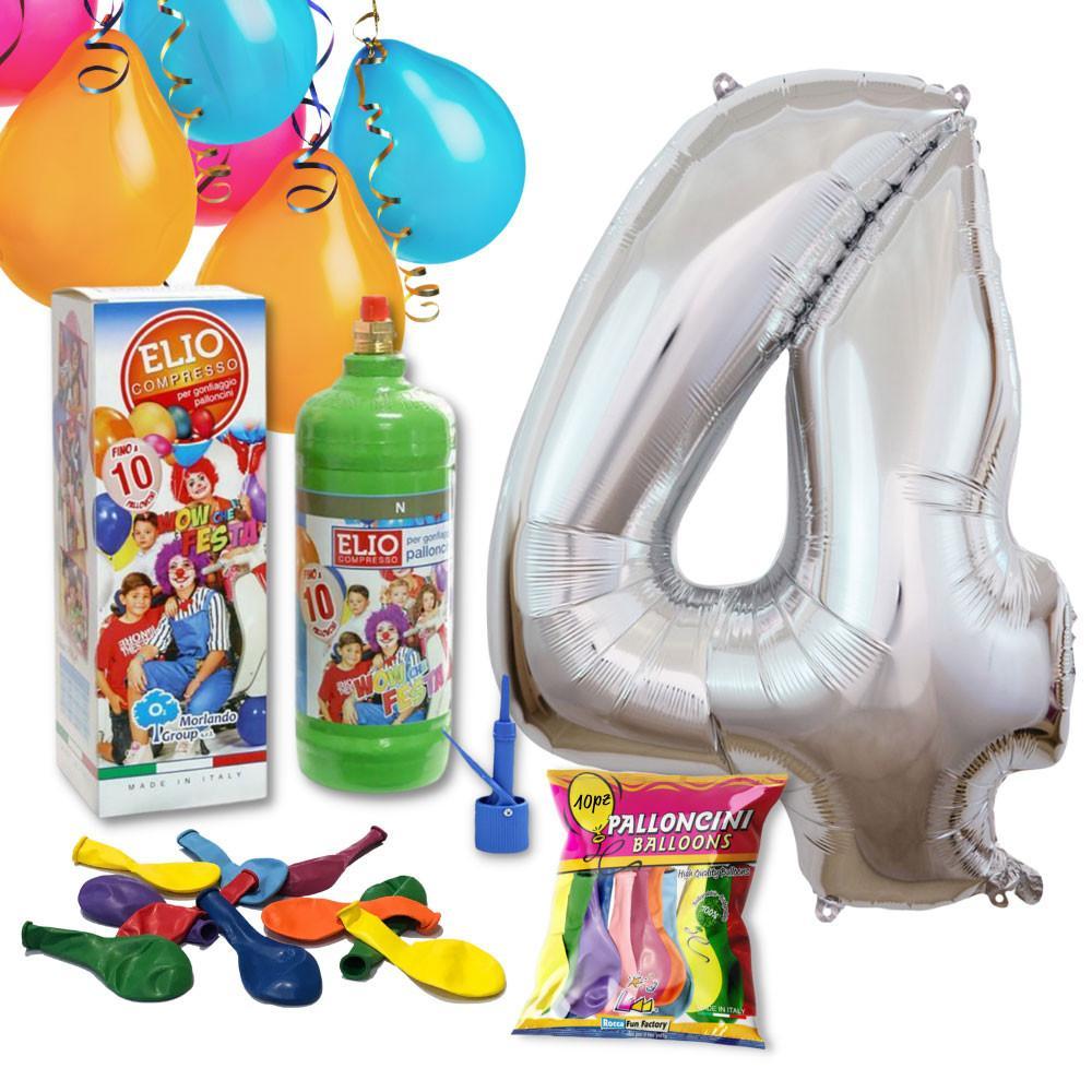 Rocca Fun Factory Kit Elio più Numero 4 Mylar Argento da 101cm e 10  palloncini omaggio, compleanno 4 anni.