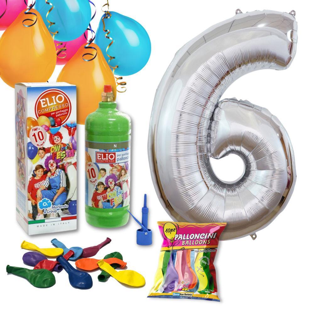 Rocca Fun Factory Kit Elio più Numero 6 Mylar Argento da 101cm e 10  palloncini omaggio, compleanno 6 anni.
