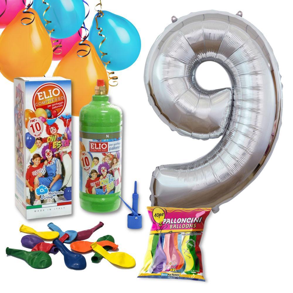 Rocca Fun Factory Kit Elio più Numero 9 Mylar Argento da 101cm e 10  palloncini omaggio, compleanno 9 anni.
