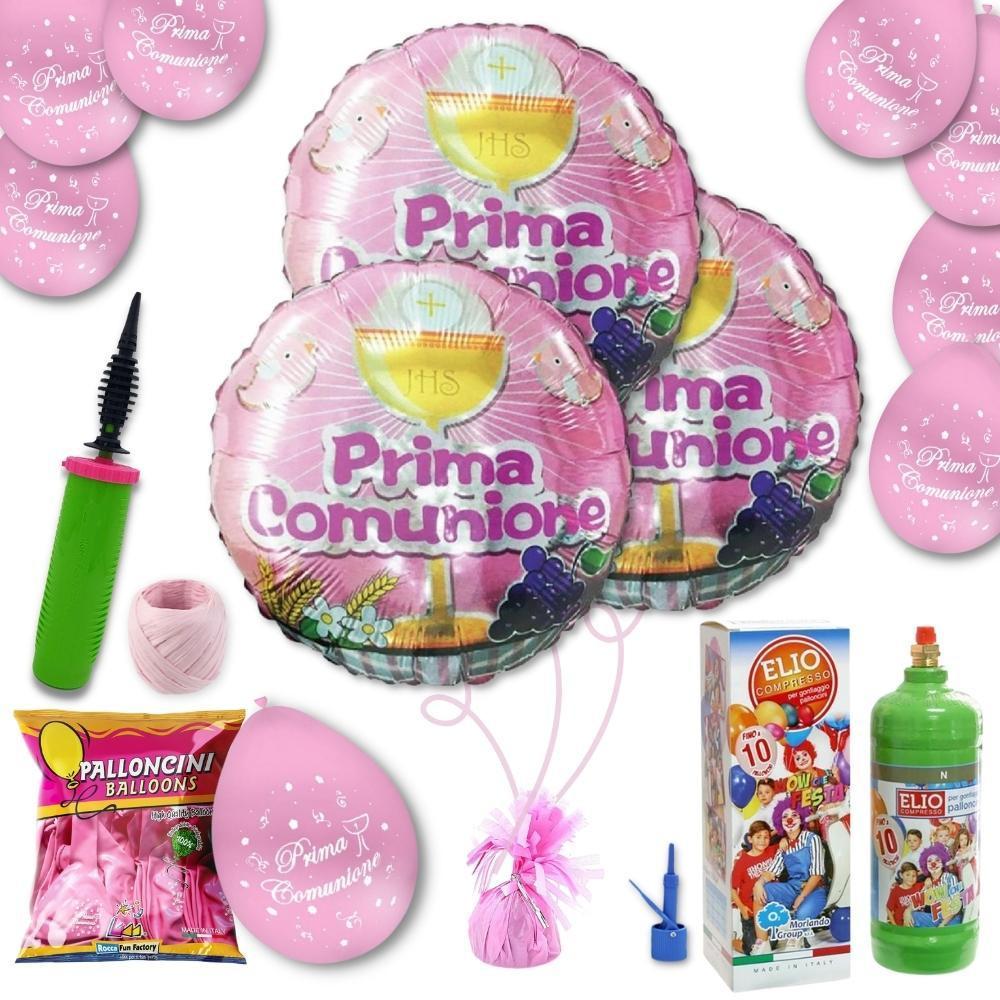 Rocca Fun Factory Kit palloncini Prima Comunione bambina colore rosa con  nastrino, elio, pesetto e pompa inclusi.