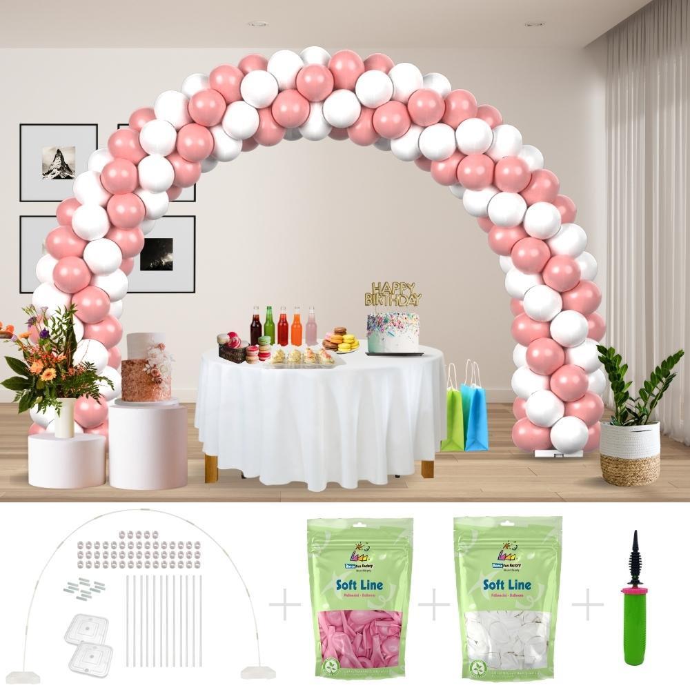 rocca fun factory kitff arco palloncini con 200 palloncini rosa e bianchi, struttura e pompetta per festa fai da te
