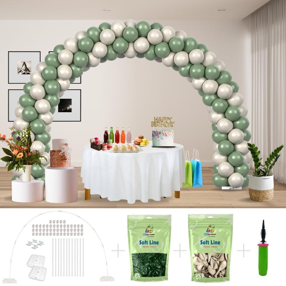 rocca fun factory kitff arco palloncini con 200 palloncini verde eucalipto e bianco latte, struttura e pompetta per festa fai da te