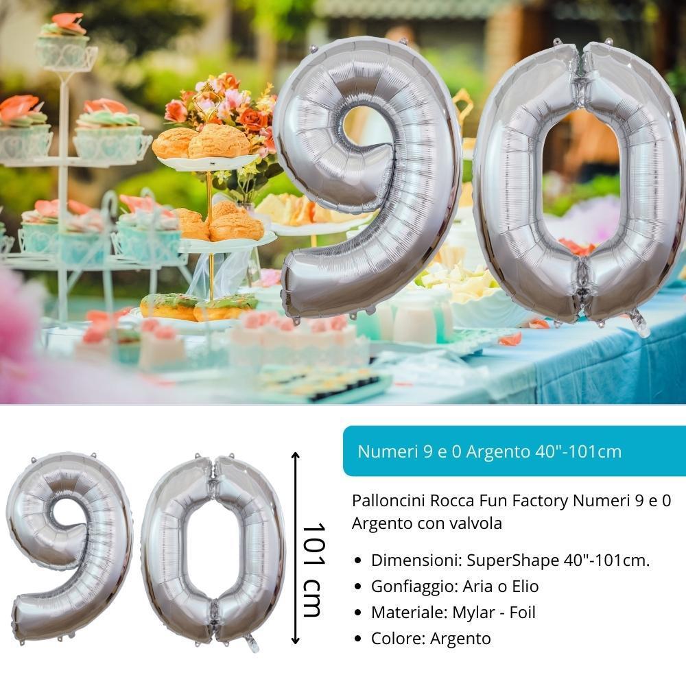 rocca fun factory kit elio più numero 90 in mylar color argento da 101cm e 18 palloncini omaggio, compleanno 90 anni.