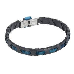 Pulsera de cuero negro, inserción azul y decoración entrelazada