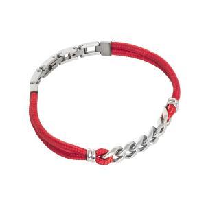 Pulsera de cordón náutico rojo y trenza central en acero