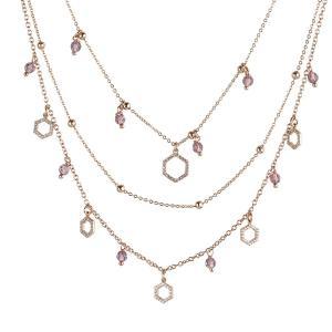Collar rosa con cadenas múltiples y hexágonos de circonitas y amatista light