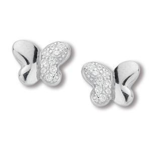 Pendientes de botón en plata y circonitas con mariposa