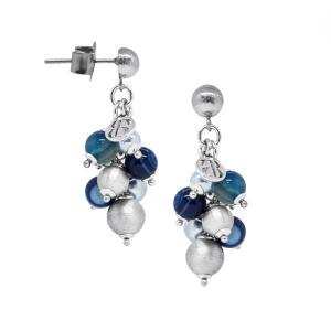 Pendientes con perlas light blue, ágata mix blue y esferas rayadas