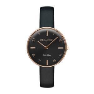 Reloj con correa de piel negra, esfera negra e índices rosados