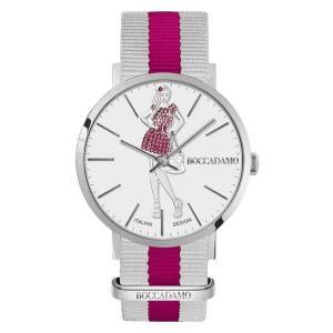 Reloj de mujer con esfera blanca y muñeca mya en cristales rosa y fucsia