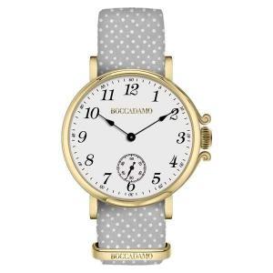 Reloj de mujer con esfera blanca, caja dorada y correa de nailon