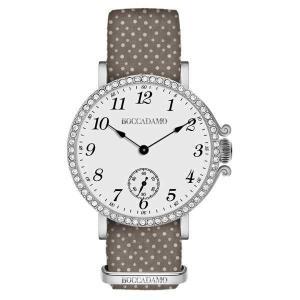 Reloj de mujer con esfera blanca, caja plateada con cristales y correa de nailon marrón